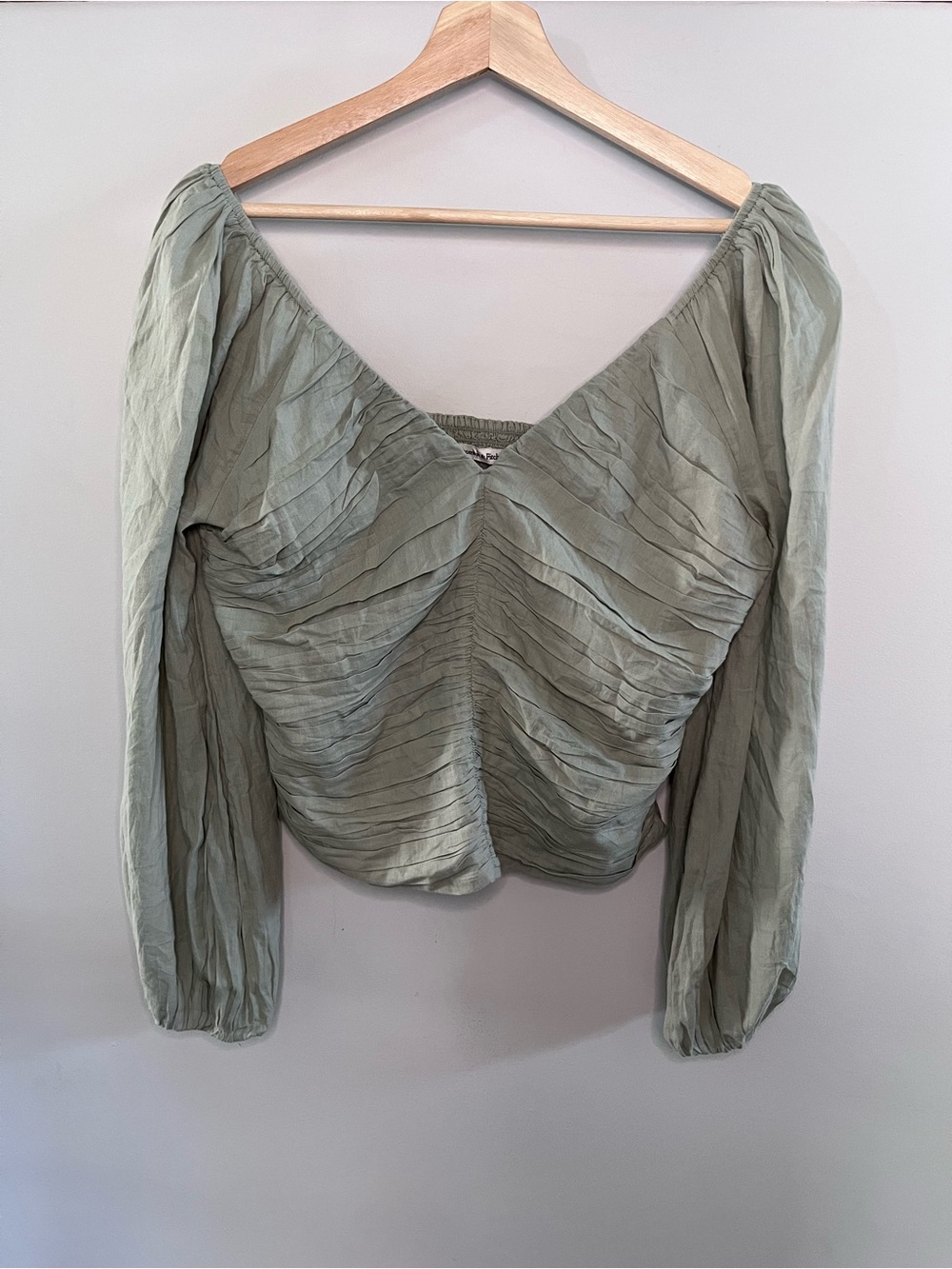 Abercrombie & Fitch Ruched V-Neck Puff Sleeve Top Sage Green Large NWT